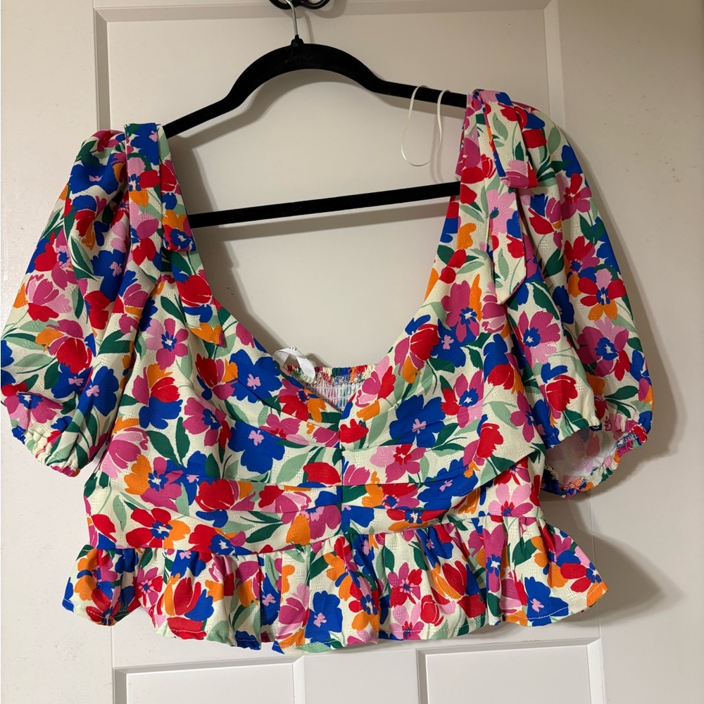 Altar’d State Floral Puff Sleeve Peplum Crop Top - Multicolor